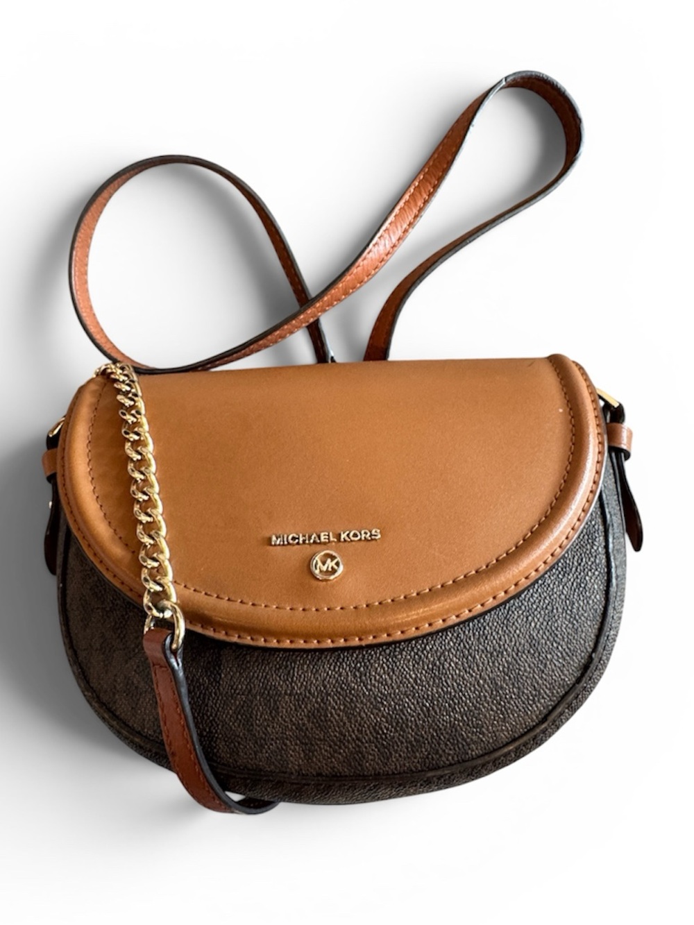 Michael Kors Jet Set Small Dome Crossbody logo canvas body acorn leather trim